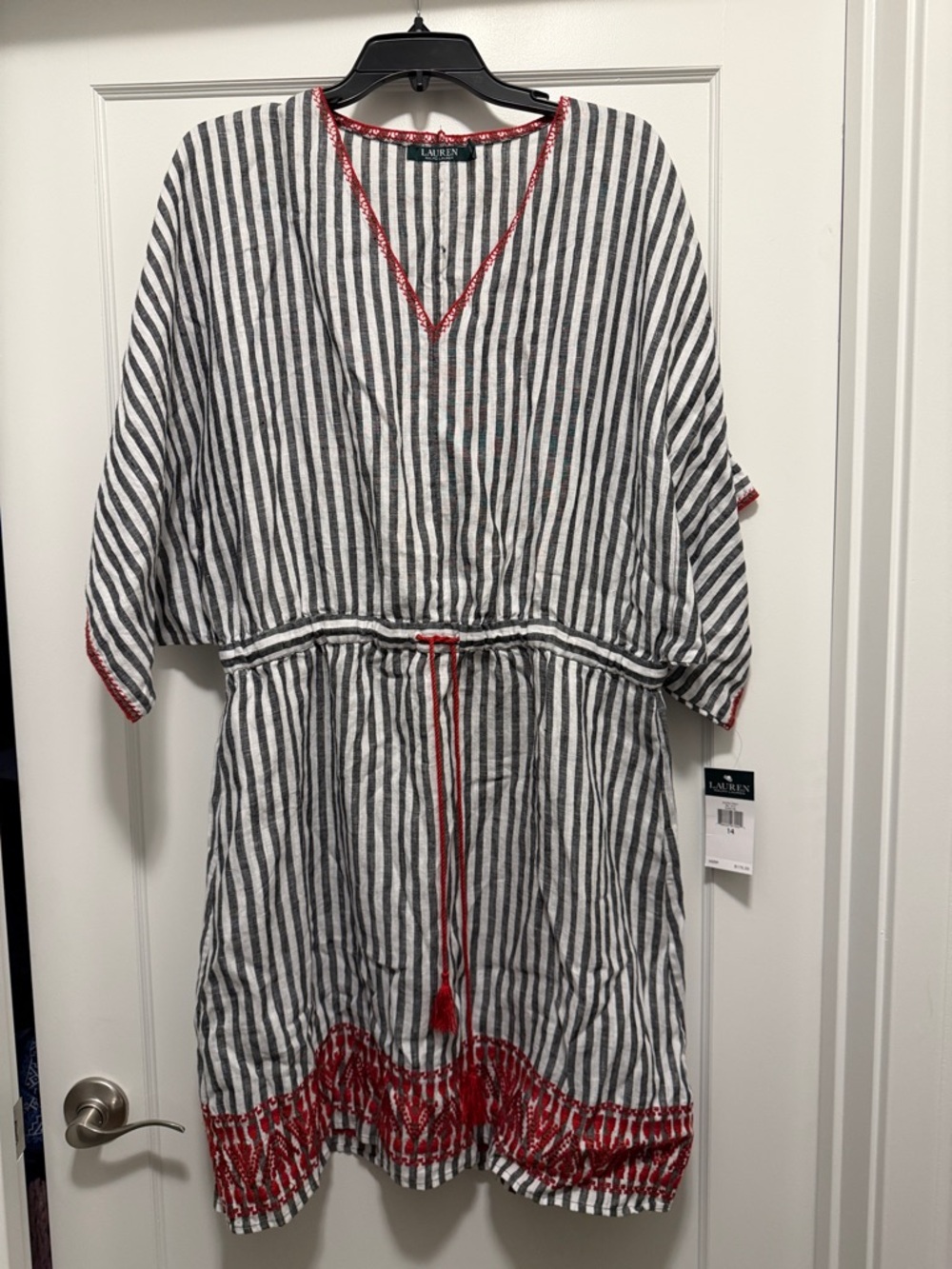 Lauren Ralph Lauren Black & White Striped Linen Tunic with Red Embroidery